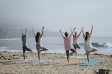 Participants practicing yoga by the seaside.