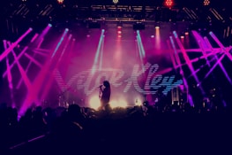 A vibrant concert scene with bright, multicolored stage lights illuminating a performer holding a microphone. The backdrop displays large, stylized text. The audience is silhouetted in the foreground, creating a dynamic atmosphere.