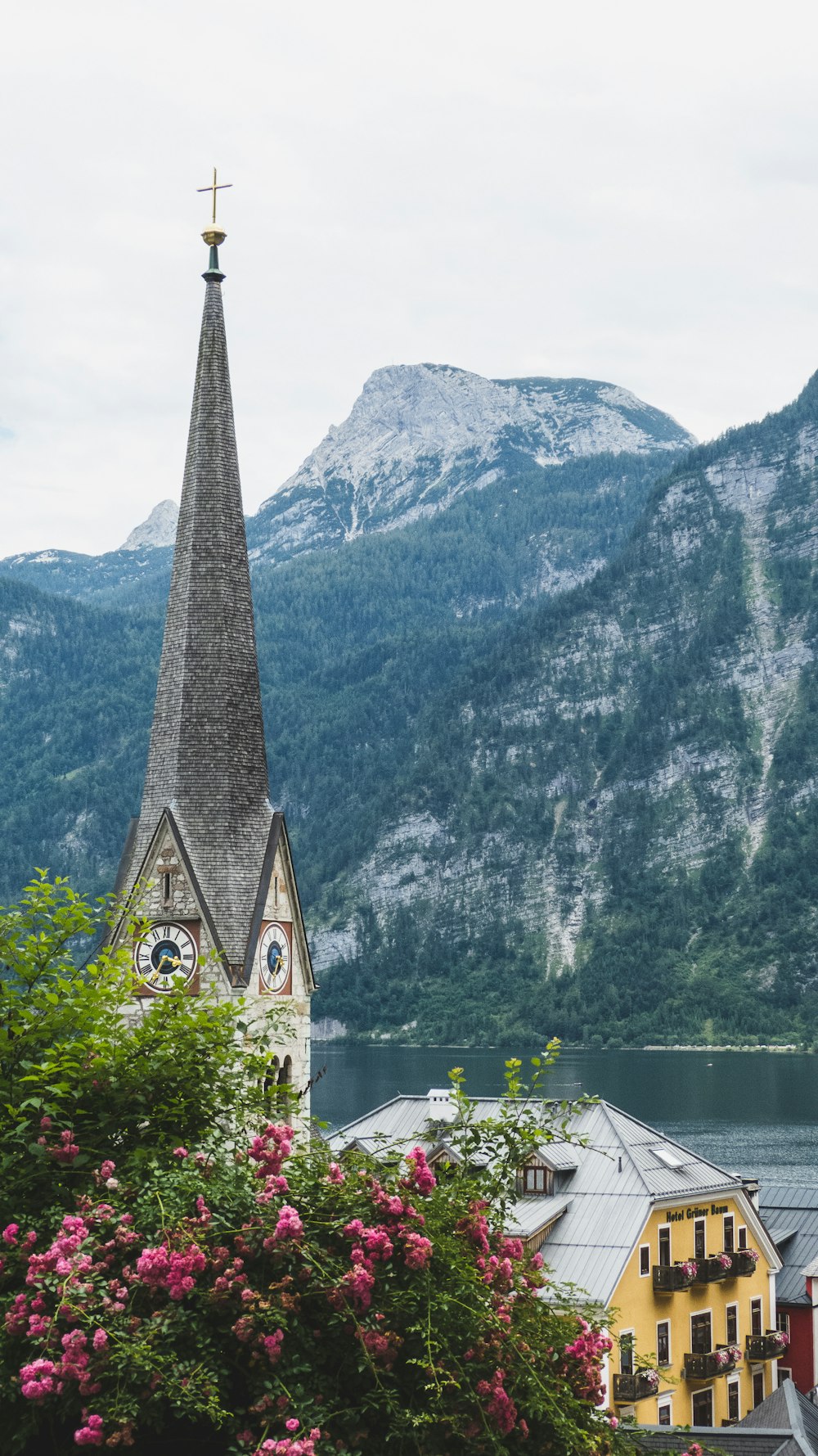 cathedral with mountain at distance