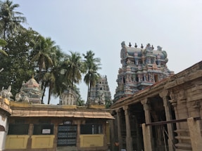 A traditional Hindu temple with intricate carvings and vibrant colors is surrounded by tall palm trees. The temple towers feature detailed sculptures and colorful decorations under a clear sky.