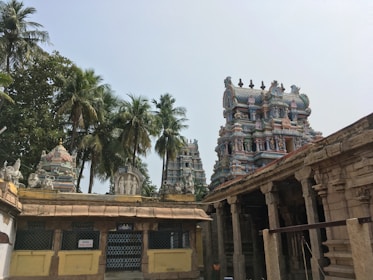 A traditional Hindu temple with intricate carvings and vibrant colors is surrounded by tall palm trees. The temple towers feature detailed sculptures and colorful decorations under a clear sky.