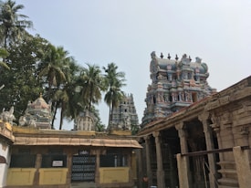 A traditional Hindu temple with intricate carvings and vibrant colors is surrounded by tall palm trees. The temple towers feature detailed sculptures and colorful decorations under a clear sky.