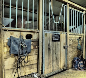 The image depicts the interior of a stable with wooden stalls. One stall has a horse inside, visible through the metal bars. Various equestrian equipment, including a saddle pad, bridle, and halter, are hanging on the wooden doors. The floor appears to be covered in sawdust or dirt, and a bag or backpack is placed on the ground on the right side.