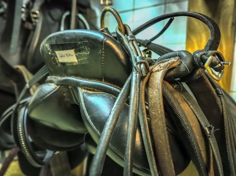 A close-up view of a well-worn leather saddle with straps and buckles, featuring a label that is slightly faded. The leather has a glossy, aged texture, indicating frequent use and care. The background shows a tiled wall with a warm light casting a glow over the scene.