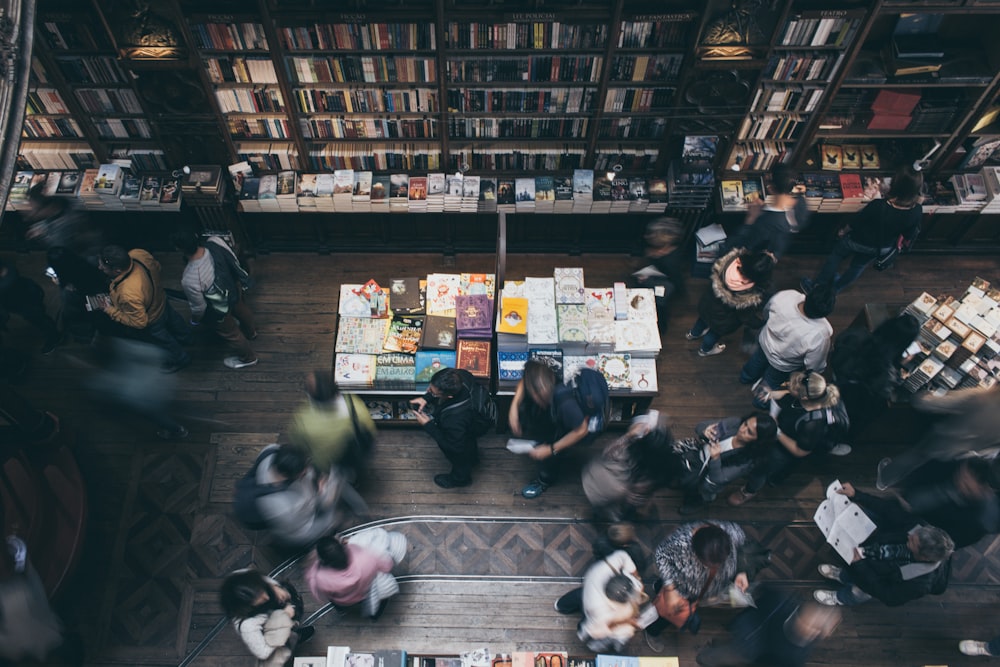 aerial view of people inside library