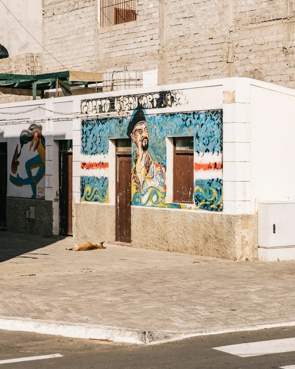 establishment with doors, window, and graffiti