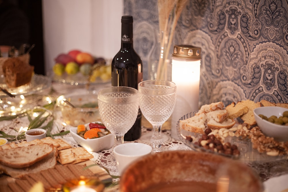 foods and wine bottle on table