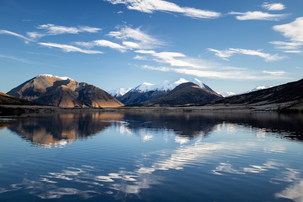 Foto riflettente di montagna sullo specchio d'acqua sotto il cielo blu