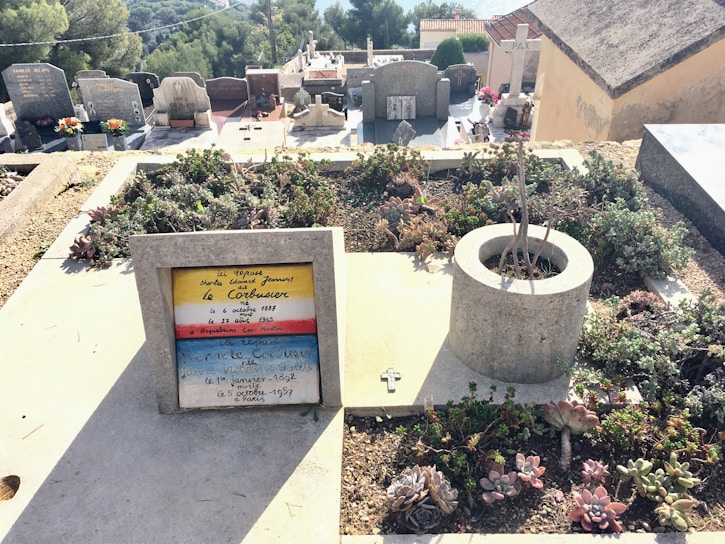 A cemetery scene with various gravestones and tombs in the background. The foreground features a grassy grave plot with an inscription on a stone marker. The grave plot includes a concrete structure with a small cross placed on it, surrounded by succulent plants.