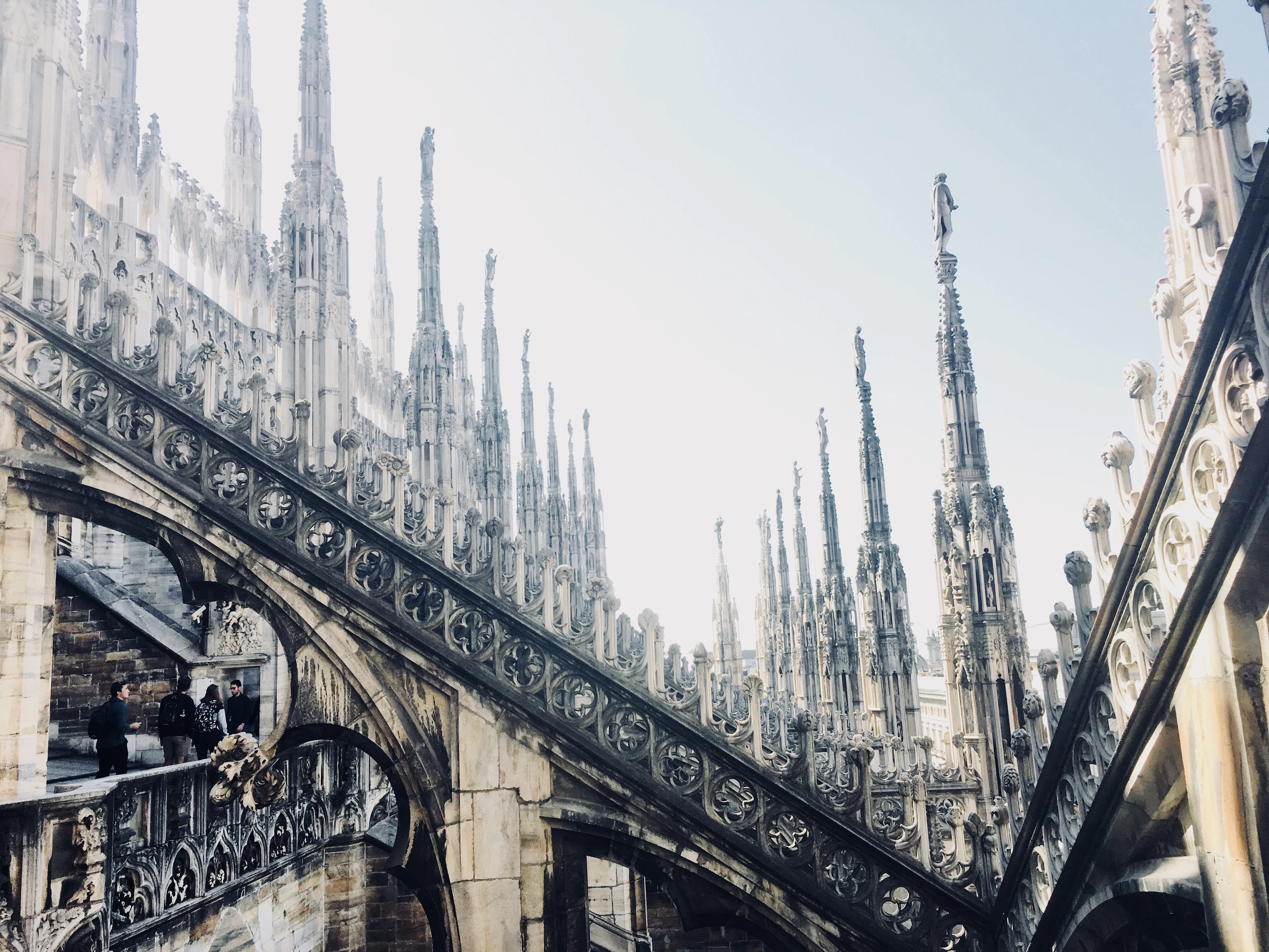 The Gothic spires and pinnacles of the Milan Cathedral rooftop
