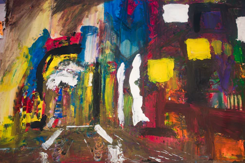 An acrylic painting capturing a dynamic cityscape with lively colors and motion.