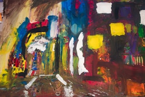 A vibrant handcrafted painting of a bustling city street scene.