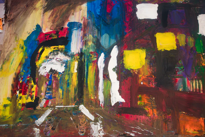 A sleek canvas print featuring an abstract urban jazz cityscape in deep noir and gold tones.