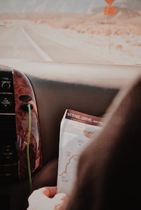 A person is holding a map labeled 'Scenic Drive' inside a vehicle. The interior of the car is visible with a wooden panel and a green cable. Outside, the landscape is dry and arid with mountains in the background and an empty road stretching ahead.
