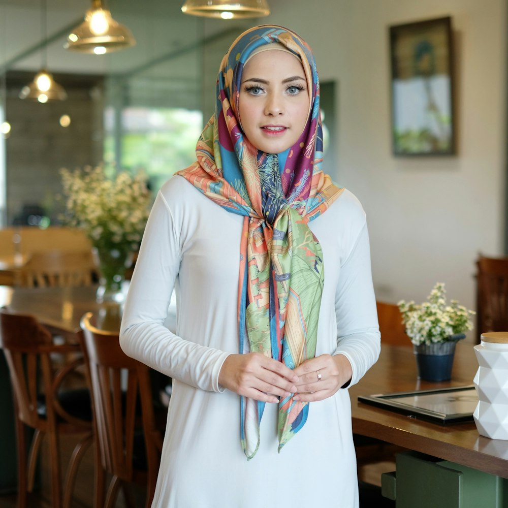 woman wearing multicolored hijab headscarf and white dress standing beside brown wooden table