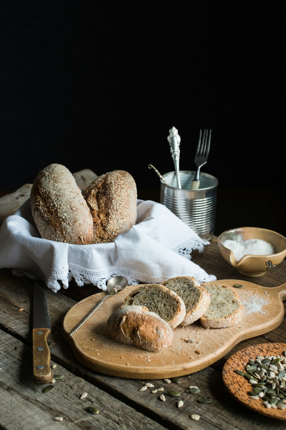 breads on brown chopping board