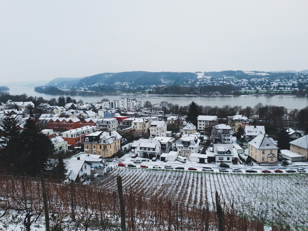 snow covered houses near river