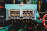 teal and brown electric connector box