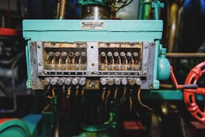 teal and brown electric connector box