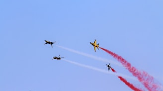 A vibrant photo of a thrilling airshow with jets soaring against a clear blue sky.