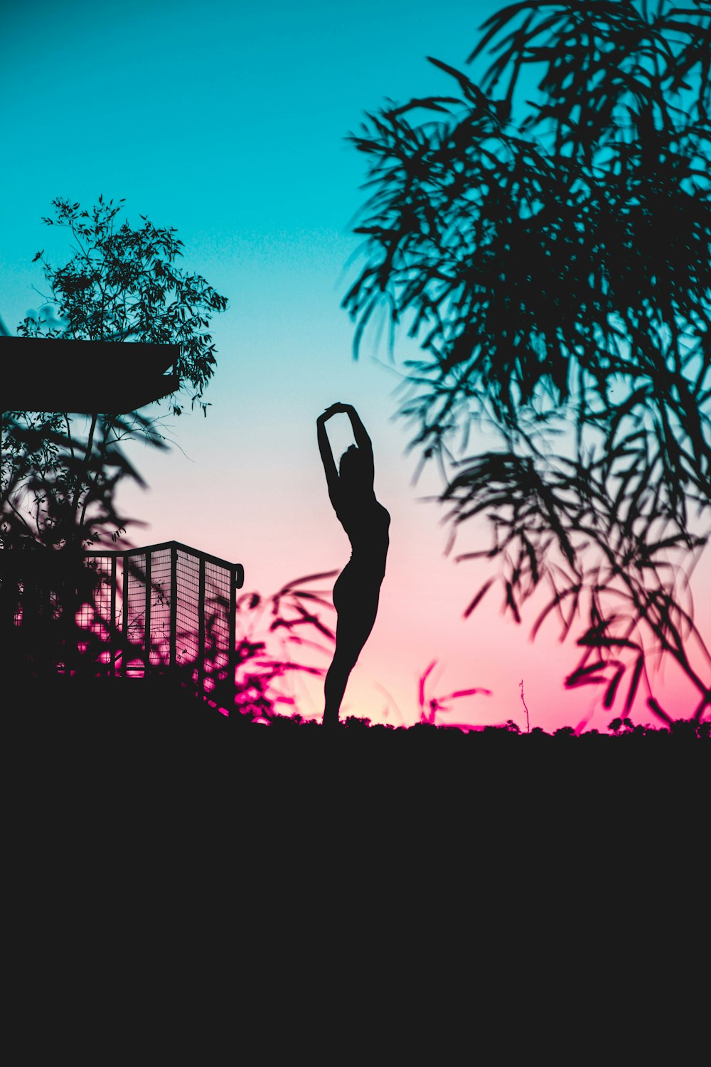 silhouette photography of woman standing near tree