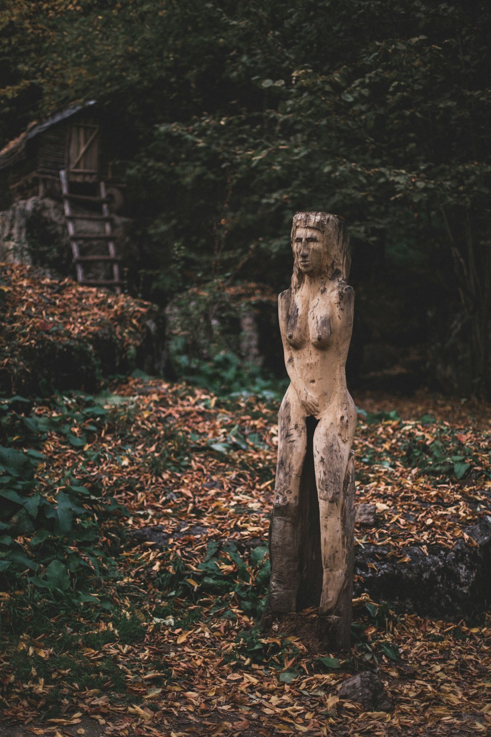 weibliche Profilskulptur in der Nähe von Baum