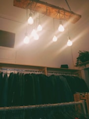A rustic light fixture composed of multiple exposed light bulbs hangs from the ceiling, illuminating a closet space. Below the lights, a rack of dark-colored coats and jackets is neatly arranged. A small potted plant sits on the shelf to the right, adding a touch of greenery to the scene.