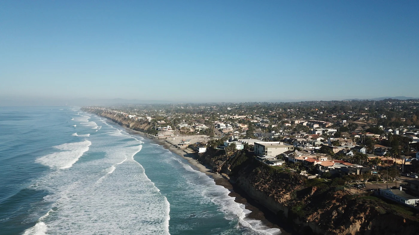 Aerial view of the Encinitas coastline and town