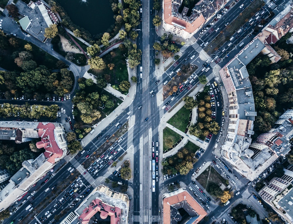 aerial photography of highways and buildings