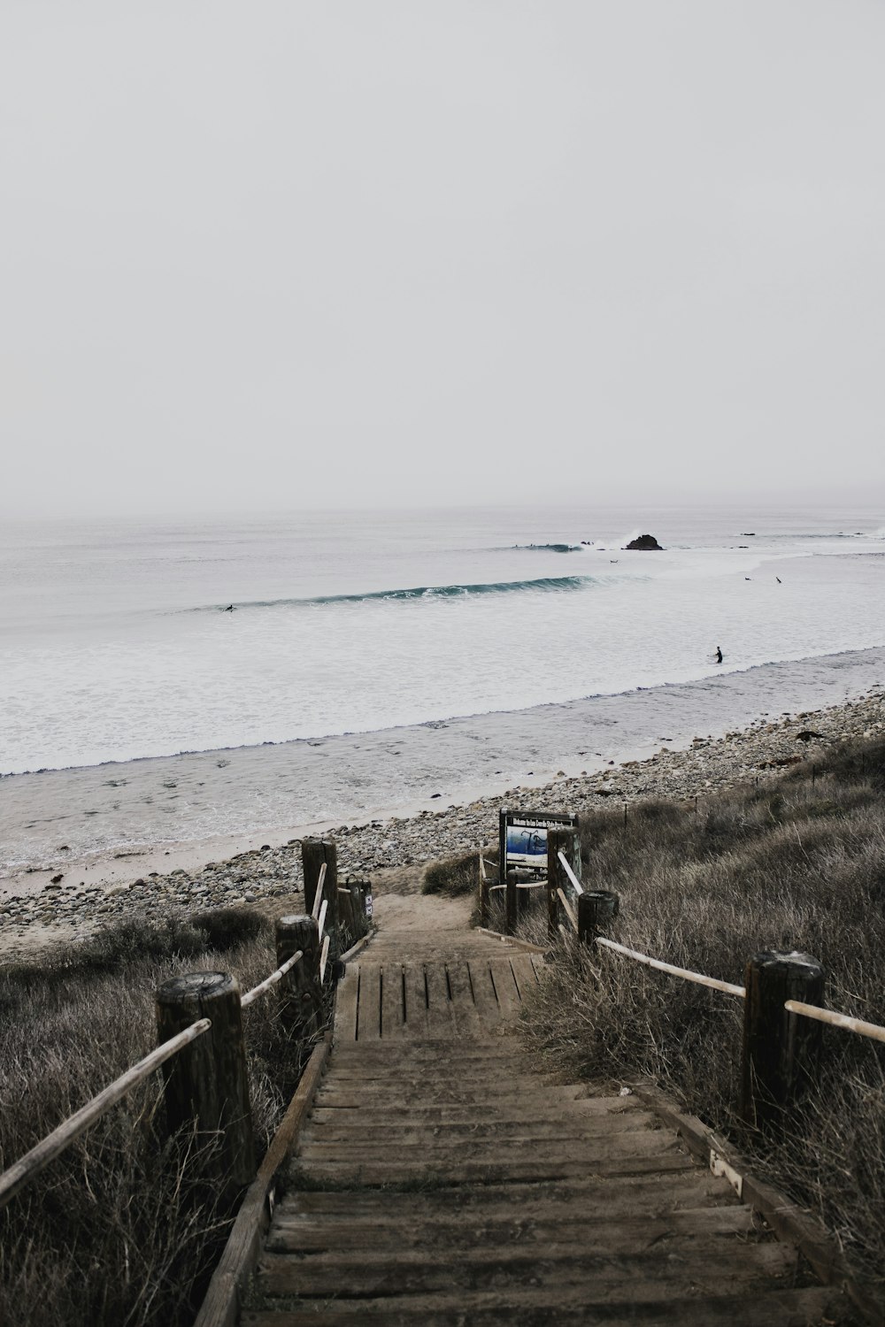 brown wooden stairs infront of seashore