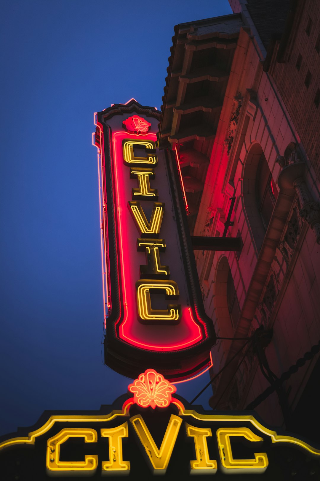 civic signage during nighttime