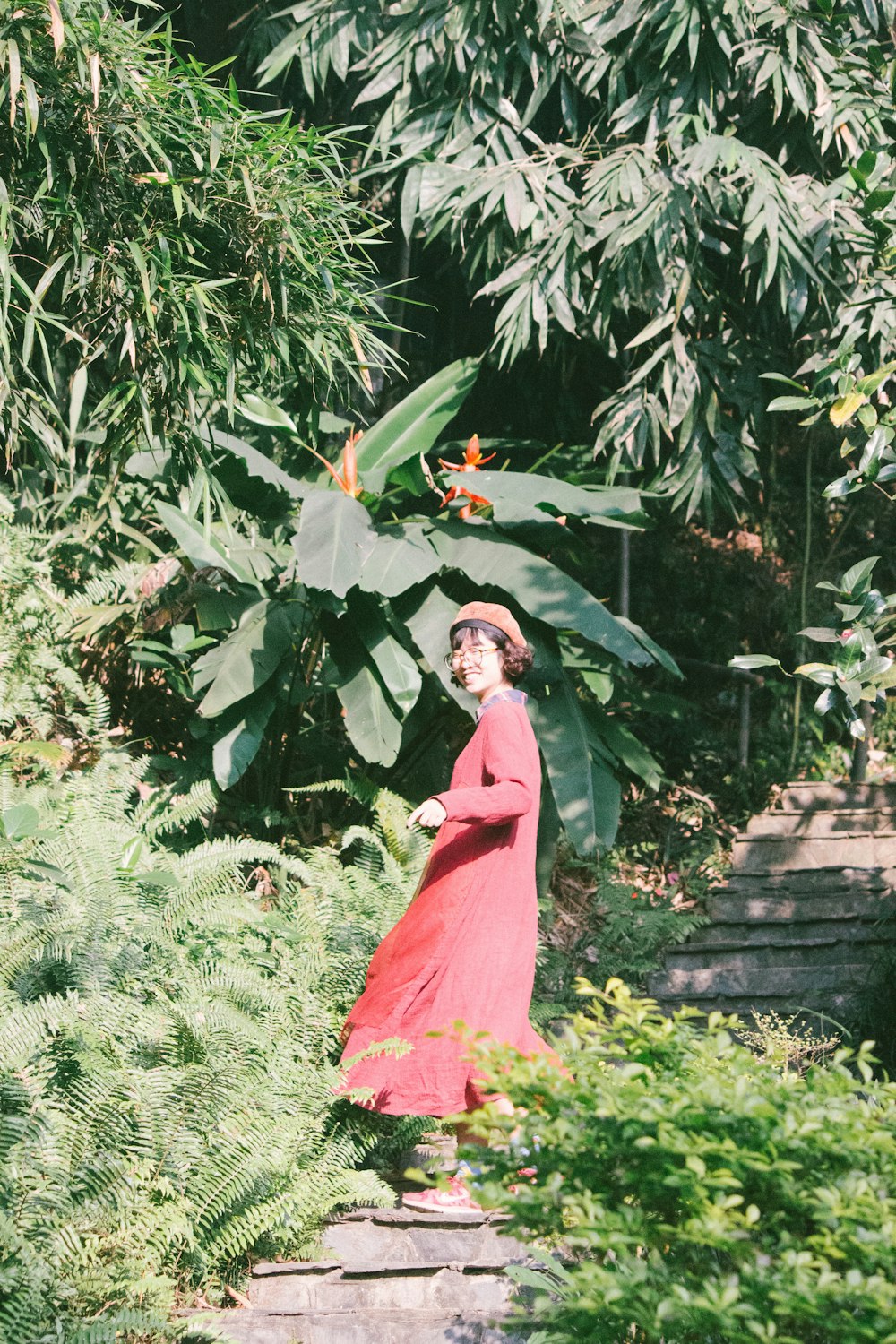 woman wearing red dress