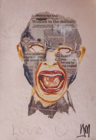 A collage depicting a screaming face overlayed with newspaper clippings. The newspaper features headlines such as 'Women in the military' and 'Rooting out rape.' The background is a plain surface with the words 'Love U' written in the lower part.