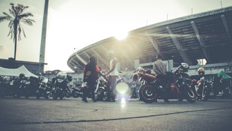 A large group of motorcycles is parked in front of a stadium under the bright afternoon sun. Several people are standing among the bikes, engaging in conversation. A tall palm tree stands to the left, and the diverse, sleek designs of the motorcycles are visible.