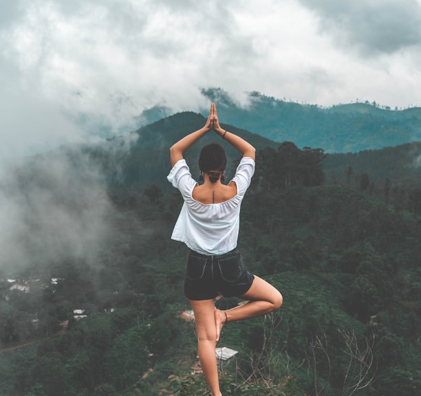 woman standing on rock facing forest