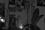 A black and white image featuring a Buddha statue with a glowing candle in front of it. Surrounding the statue are large plant leaves and orchid flowers. In the background, there is a stack of books and a painting of a person's face on the wall, adding an artistic touch.