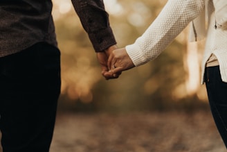 A serene scene of a couple holding hands surrounded by warm earth tones and soft golden light.