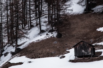 A cozy mountain cabin with spring snow melting around it, inviting participants to a retreat.