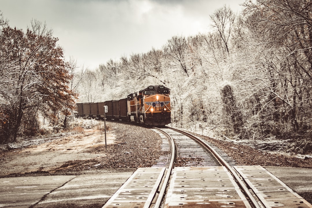 train on rail road in sephia photography