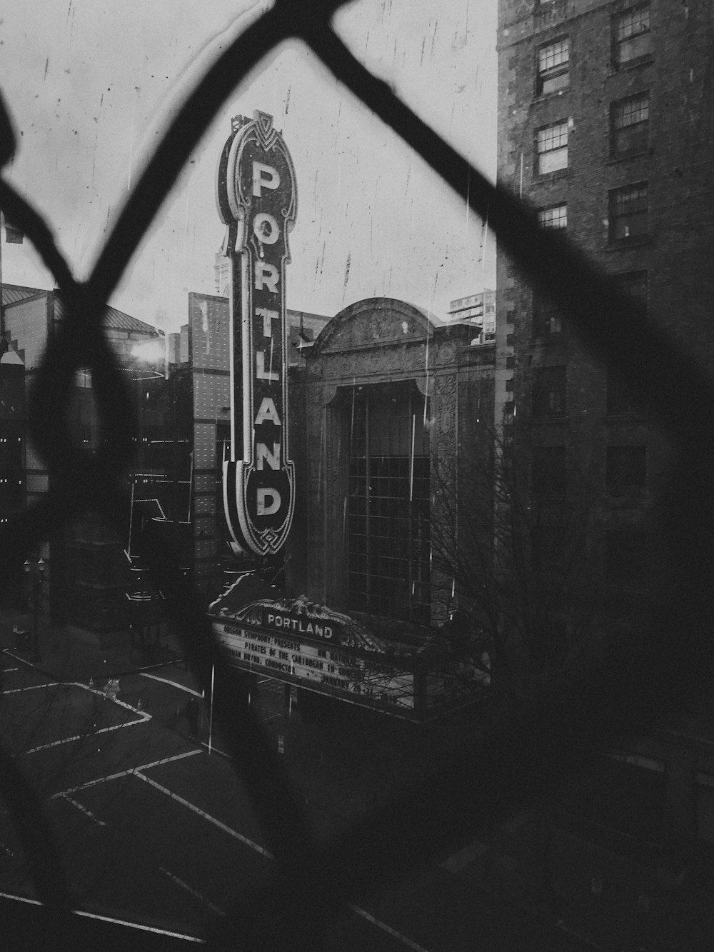 grayscale photography of Portland storefront