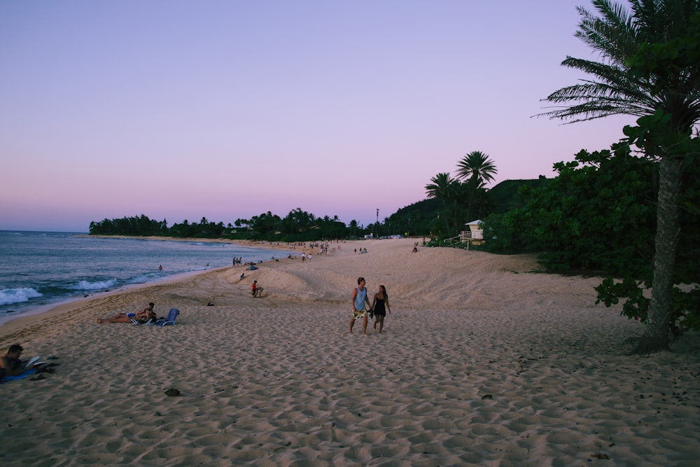 woman and man walking around beach