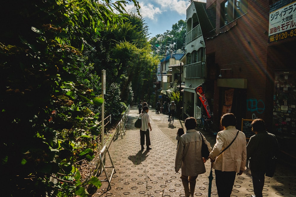 women walking on street between trees and buildings