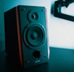 black and brown bookshelf speaker on black surface