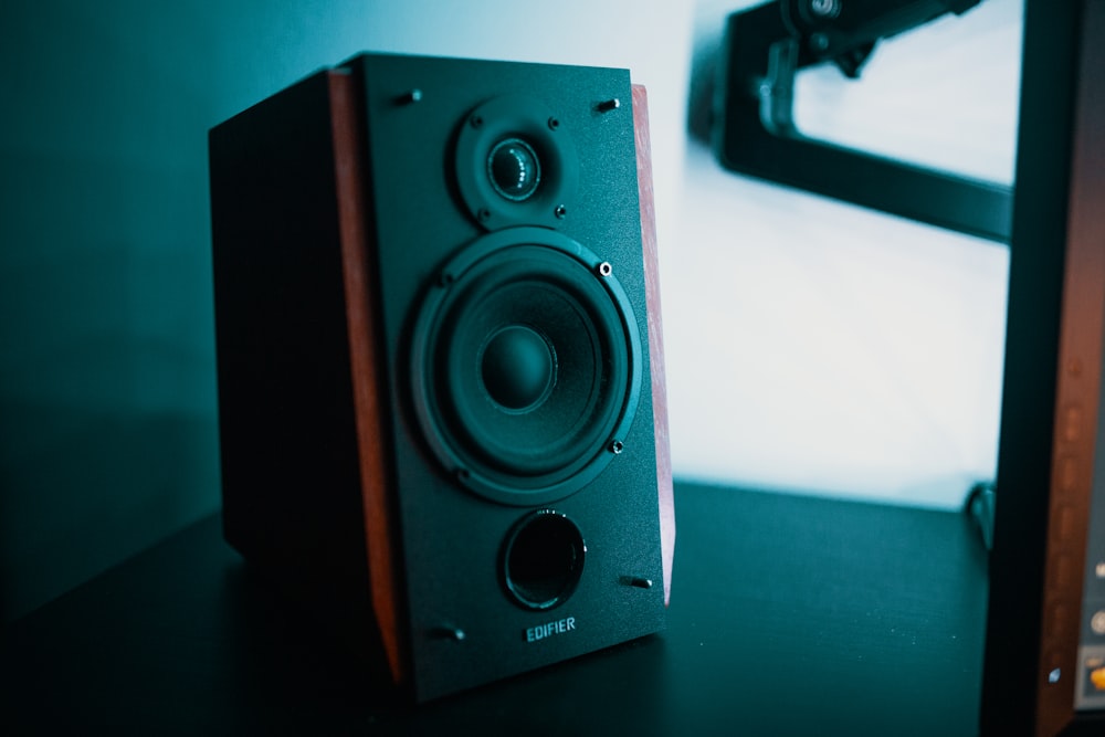 black and brown bookshelf speaker on black surface