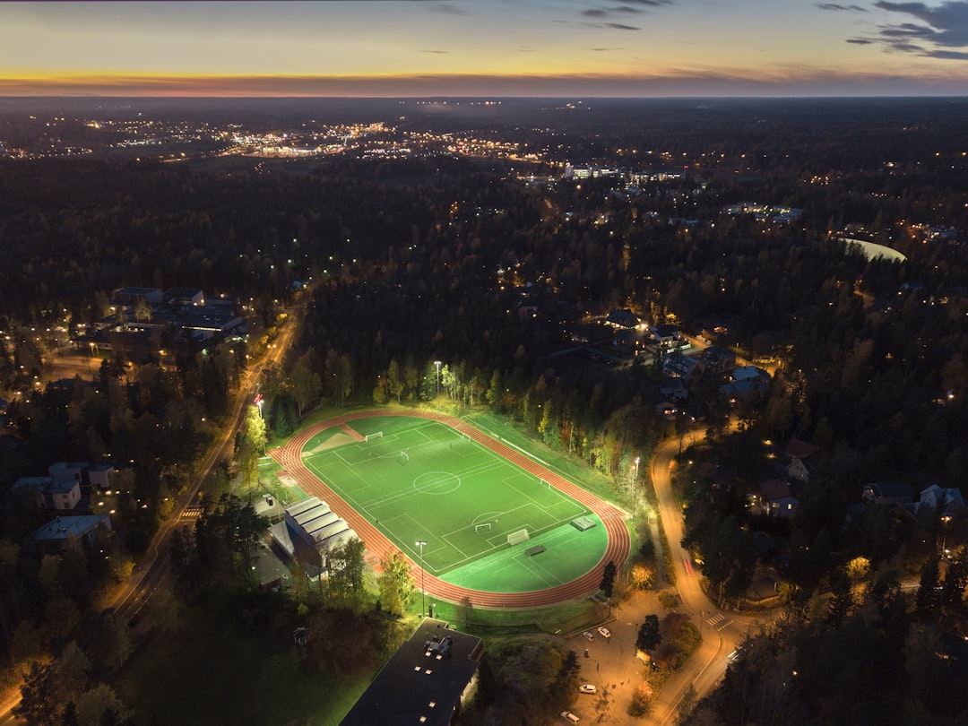 birds eye photography of track field