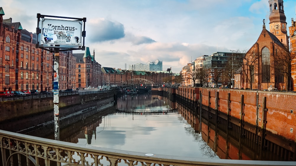 river between buildings