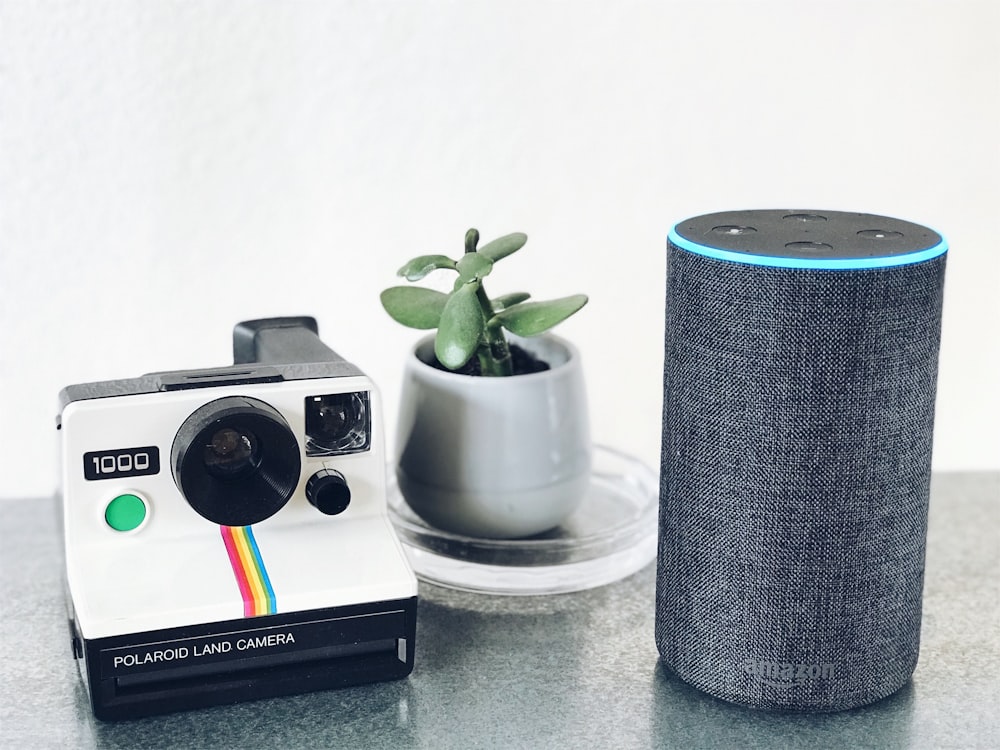 polaroid land camera beside Amazon Echo