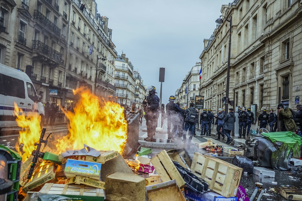 crown burning furniture in middle of road