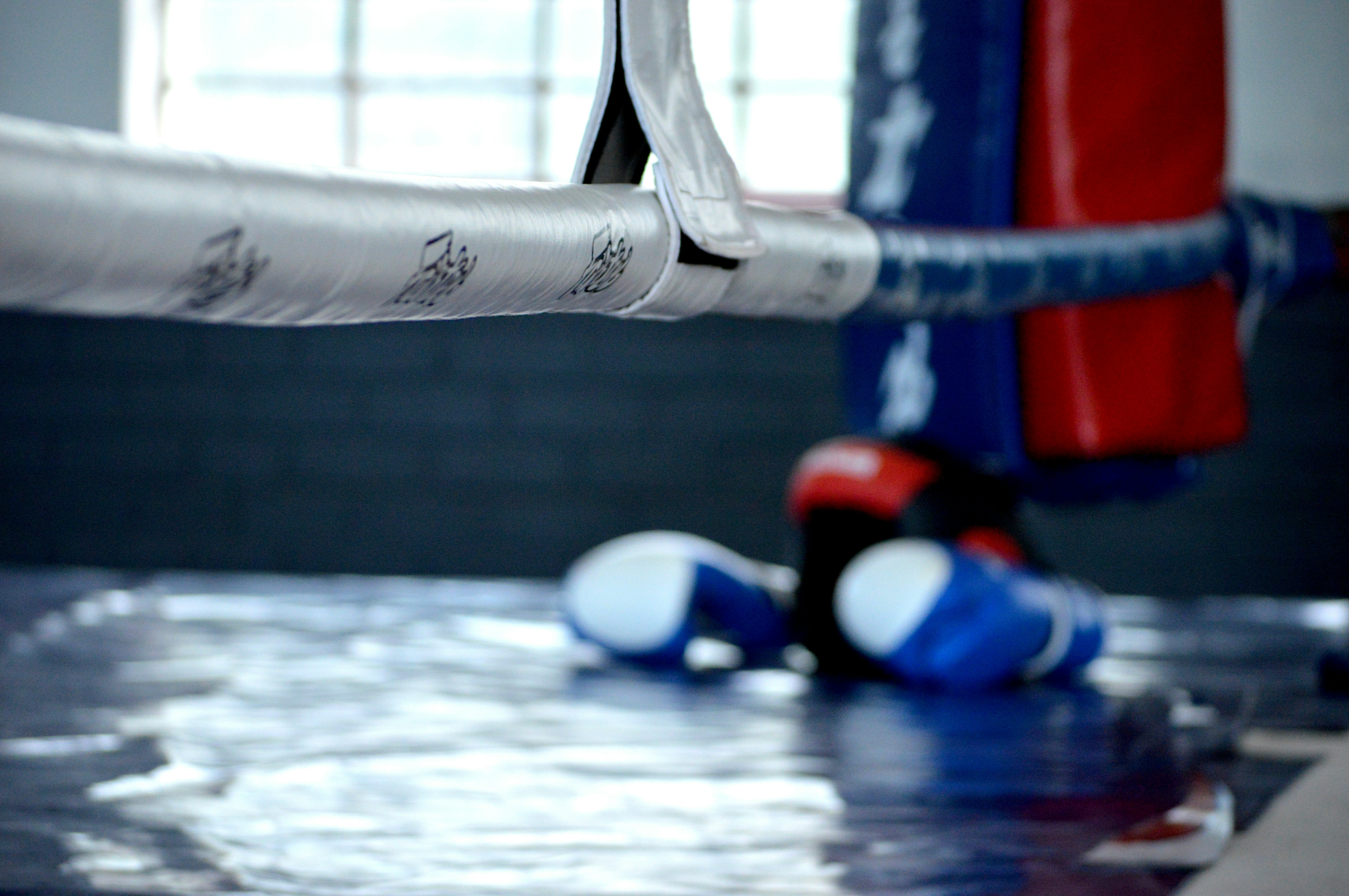 Boxing gloves and punching bags in the boxing training area
