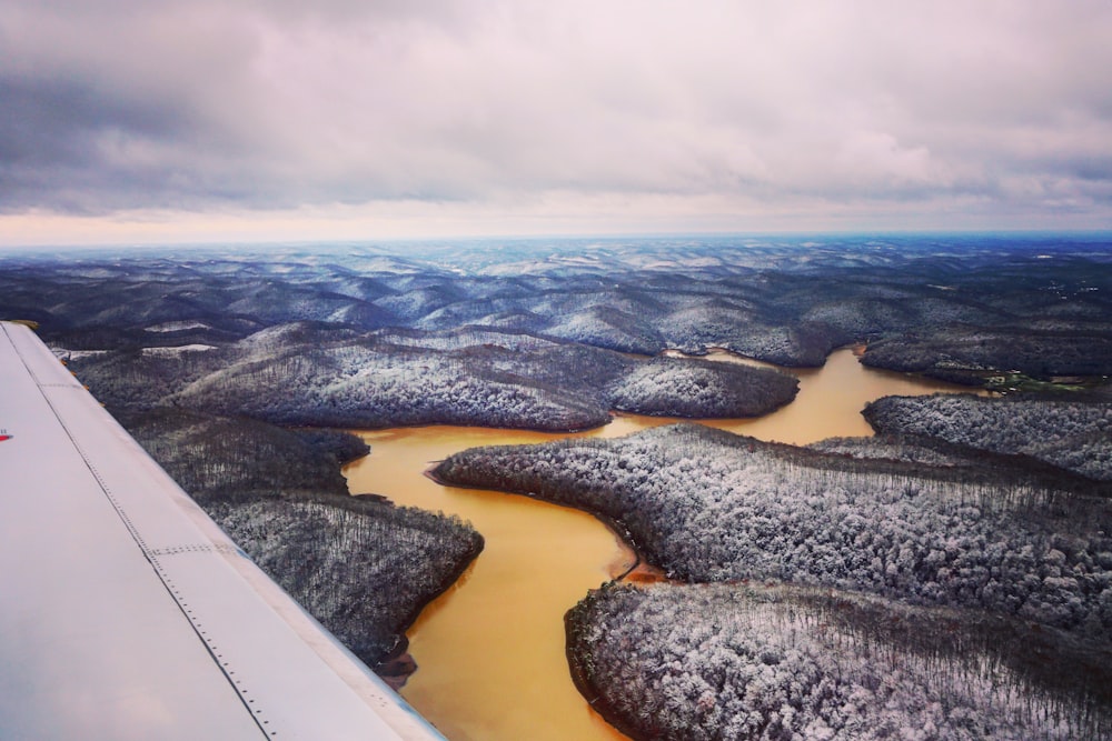 airplane wing view of forest and river